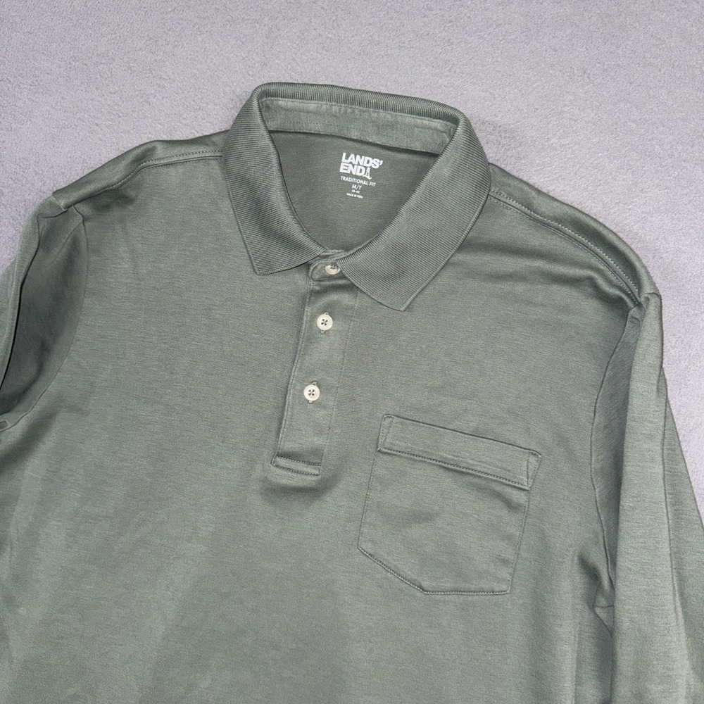 Lands End Polo Shirt Mens MT Green Gray Traditional Fit Long Sleeve Front Pocket
